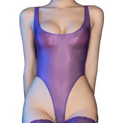 Kaerm Nylon Body Damen Transparent Sexy Offener Schritt Catsuit Sexy Ouvert Stringbody High Cut Dessous Tief U-Ausschnitt Achselhemd Unterhemd Erotik Violett Einheitsgröße von Kaerm