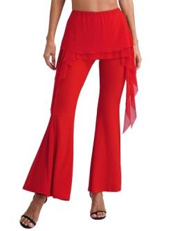 Kaerm Schlaghose Mit Rüschen Damen Volants Leggings Elegant High Waist Flared Hose Palazzo Tanzhose Lang Slim Fit Rot XL von Kaerm