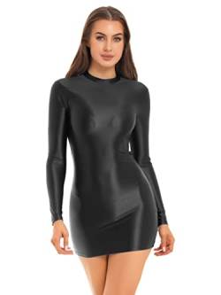 Kaerm Wetlook Kleid Damen Sexy Eng Bodycon Minikleid Öl Glänzend Kurzarm Bleistiftkleid Etui Rollkragen Unterkleid Party Clubwear Schwarz A XL von Kaerm