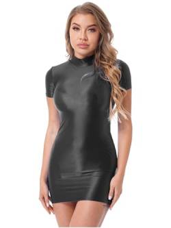 Kaerm Wetlook Kleid Damen Sexy Eng Bodycon Minikleid Öl Glänzend Kurzarm Bleistiftkleid Etui Rollkragen Unterkleid Party Clubwear Schwarz L von Kaerm