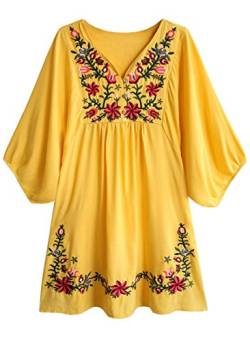 Kafeimali Damen Sommer Minikleid Bohemian Stickerei Tunika Shift Bluse - Gelb - Groß von Kafeimali