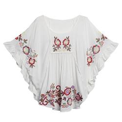 Kafeimali Damen Tops gestickte lose Bauer Schmetterling mexikanische Bluse Shirt Weiß One Size von Kafeimali