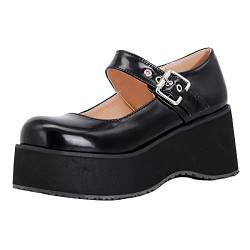 KaieeKeio Damen Riemchen Mary Jane Gothic Pumps Plateau Knöchelriemchen Schuhe Blockabsatz Knöchelriemchen Schuhe Sanft Leder Schuhe Black Große 37 Asiatisch von KaieeKeio