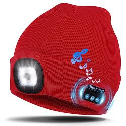 Kaishengyuan Bluetooth Music Mütze, Wintermütze mit Licht, 4 LED Beanie Hut USB Aufladbare Caps für Männer Frauen warme Strickmütze für Wintersport im Freien Laufen Skifahren,Rot von Kaishengyuan