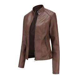 Kaiyei Damen Slim PU Lederjacken Dünne Stehkragen Frühjahr Herbst Langarm Elegant Lederimitat Kurz Jacke Bikerjacken Reißverschluss Braun XL von Kaiyei