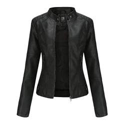 Kaiyei Damen Slim PU Lederjacken Dünne Stehkragen Frühjahr Herbst Langarm Elegant Lederimitat Kurz Jacke Bikerjacken Reißverschluss Schwarz 2XL von Kaiyei