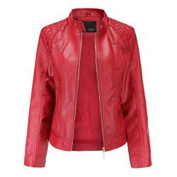 Kaiyei Damen Slim PU Lederjacken Plus Size Stehkragen Frühjahr Herbst Langarm Elegant Kurz Jacke Lederimitat Bikerjacken Reißverschluss Rot M von Kaiyei