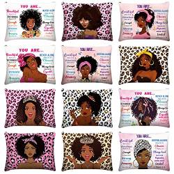 Kajaia 12 Stück Schwarze Make-up-Tasche für Mädchen, afrikanische amerikanische Leinwand, Reise-Kosmetiktaschen, Afro-Mädchen, Make-up-Tasche, Taschen für Frauen, Reißverschluss, Kulturbeutel, von Kajaia