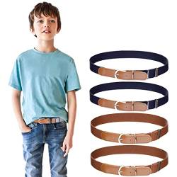 4 Stück Jungen Mädchen Elastischer Gürtel - Verstellbarer Schnallengürtel mit Leder für Kinder von 3-15 Jahren (2 Marineblau/2 Braun) von Kajeer