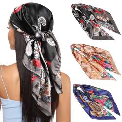 Kajeer 3 Stück Kopftuch Bandana Halstuch für Damen - 90x90cm Große Satin Seidentuch Weiches Satinschal Haarschal für Frauen von Kajeer