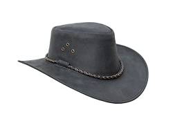 Lederhut Cowboyhut Australien Style Westernhut Herren Damen schwarz und braun Outdoor Hut aus Leder mit Kinnriemen ca. 7cm bis 7,5cm breite Krempe - Sonderposten Verschiedene Variationen von Kakadu Traders Australia