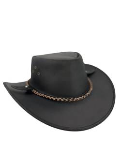 Lederhut Cowboyhut Australien Style Westernhut Herren Damen schwarz und braun Outdoor Hut aus Leder mit Kinnriemen ca. 7cm bis 7,5cm breite Krempe - Sonderposten Verschiedene Variationen von Kakadu Traders Australia