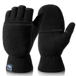 Kakaly Umwandelbare fingerlose Handschuhe – Winter-Thermohandschuhe, warme Polar-Fleece-Fäustlinge, Halbfinger, Arbeit, Angeln, Fahren, Laufen, Geschenk, für Herren, Schwarz , L von Kakaly