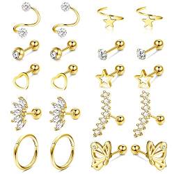 Kakonia 10 Paar Piercing Ohr für Frauen Ohrringe Ohrstecker Gold Helix Piercings Chirurgenstahl Zirkonia 18G 16G Conch Daith Tragus Piercing Set von Kakonia