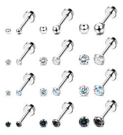 Kakonia 12 Paar 20G Edelstahl CZ Ohrstecker für Damen Herren Knorpel Helix Ohrstecker Set Runde Zirkonia Schraube Flat Back Ohrstecker Piercing von Kakonia