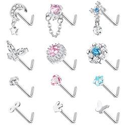 Kakonia 12stk 20G Nasenpiercing Stecker L-förmiger Nasenstecker Korkenzieher Dangle Nasenringe für Damen Herren CZ Edelstahl Nasenpiercing Schmuck Silber-L von Kakonia