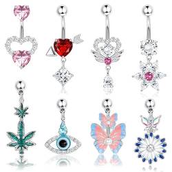 Kakonia 14G Bauchnabelpiercing für Frauen 316L Chirurgenstahl Bauch Ringe Cute Dangle CZ Herz Blume Schmetterling Evil Eye Leaf Dangling Bauchnabel Ringe Piercing Schmuck Silber von Kakonia