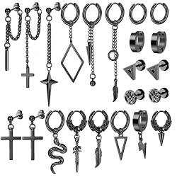 Kakonia 22 Stück Ohrringe Herren Männer 316L Edelstahl Schwarz Punk Creolen Ohrringe Kpop Ohrpiercing Schmuck Kreuz Schlange Kette Ohrstecker Herren mit Gothic Accessoires von Kakonia