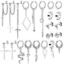 Kakonia 22 Stück Ohrringe Herren Männer 316L Edelstahl Silber Punk Creolen Ohrringe Kpop Ohrpiercing Schmuck Kreuz Schlange Kette Ohrstecker Herren mit Gothic Accessoires von Kakonia