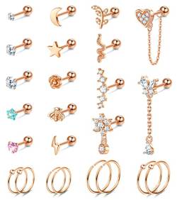 Kakonia 24 Stück Helix Piercing für Damen Ohrstecker Creolen Klein Edelstahl Ohrring Gold Silber Stud Hoop Earrings Kette Tiny Chain Dangle Knorpel Huggie Ohrringe Piercing Ohr Set Damen von Kakonia