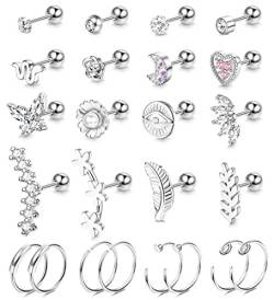 Kakonia 24stk 16G Piercing Ohr für Damen Edelstahl Knorpel Ohrringe Helix Tragus Conch Piercing Ring Ohrringe Blume Schmetterling Herz Stern Mond Ohrstecker Ohrringe Silber von Kakonia