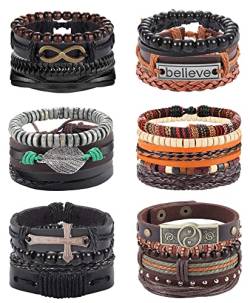 Kakonia 25 Stück Lederarmbänder für Männer Frauen Geflochtene Wickelarmbänder Schwarz Braun Kreuz Ying Yang Holzperlen Armbänder Verstellbare Tribal Armbänder Lederarmbänder Herren Schmuckset Stil-C von Kakonia