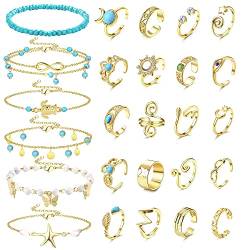 Kakonia 25 Stück Zehenringe und Knöchel Armbänder für Frauen Gold Silber Layered Anklets offen verstellbare Zehenringe für Sommer Strand Fuß Schmuck von Kakonia