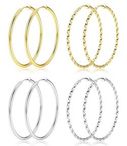 Kakonia 4 Paar Ohrclips Creolen für Damen Clips Creolen Gold Silber Groß Bicolor Non Piercing Ohrringe Ohr Knorpel Ohrpiercing Hypoallergen Schmuck Set für Damen 30/40/50/60mm von Kakonia