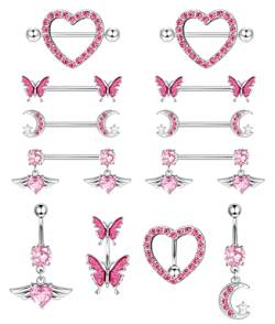 Kakonia 4Paar Nippelpiercing und 4Stk Bauchnabelpiercing Set for Damen Frauen 316L Edelstahl Blume Schmetterling Mond Herz Langhantel Nippelringe Fashion Körperschmuck von Kakonia