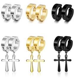 Kakonia 6 Paare Ohrringe für Damen Herren Edelstahl Kreuz Non-Piercing Gothic Punk Clip auf Hoop Ohrringe Fashion Earrings Schwarze/Silber/Gold Creolen Ohrringe Set von Kakonia