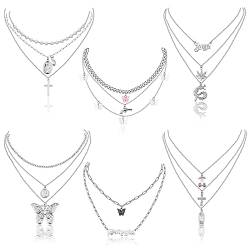 Kakonia 6 Stück Vergoldet Geschichteten Choker Halskette für Frauen Multilayer Kette Halskette Set Klobig Schmetterling Drachen Kreuz Scheibe Geschichteten Halskette Pack von Kakonia