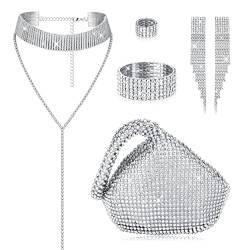 Kakonia 6 teiliges Damen-Kristall-Schmuck-Set, Strass-Halskette, Stretch-Armreif, Ring, Fransen, Ohrringe, Dreieck, Glitzer, Bling, Geldbörse für Braut, Hochzeit, Party von Kakonia