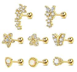 Kakonia 8 Stück Piercing Ohr für Frauen Ohrringe Ohrstecker Gold Helix Piercings Chirurgenstahl Zirkonia Blume 16G Tragus Piercing Set von Kakonia