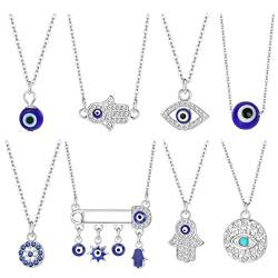 Kakonia 8 Stück Türkisches Auge Halsketten Blaues Evil Eye Anhänger Hamsa Schutz Stretch Amulett Kabbalah Schmuck Geschenk für Damen Herren von Kakonia