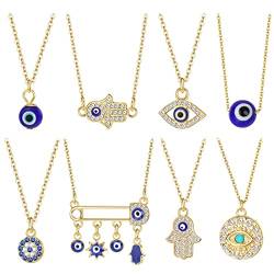 Kakonia 8 Stück Türkisches Auge Halsketten Blaues Evil Eye Anhänger Hamsa Schutz Stretch Amulett Kabbalah Schmuck Geschenk für Damen Herren von Kakonia