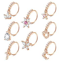 Kakonia 8stk 20G Baumelnde Nasenpiercing Ring für Frauen Schmetterling Herz Mond Blume Kreuz Zirkonia Nasenring Piercing Ohrring Baumelnde Nostril Piercing Nose Ring Schmuck von Kakonia