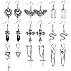 Kakonia 9 Paar Vintage Gothic Ohrringe für Damen Edelstahl Stein Hängend Grunge Ohrringe Schlange Fledermaus Herz Kreuz Schmuck Ohrring Set Weiß von Kakonia