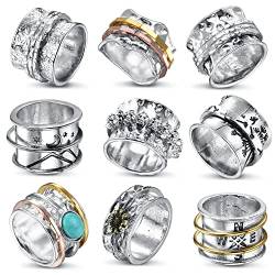 Kakonia 9 Stück Angstringe für Frauen Versilbert Löwenzahn Spinner Ringe Vintage Gravierte Angst Ringe Gänseblümchen Totenkopf Meditation Goth Chunky Band Fidget Ringe 7.7 von Kakonia