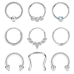 Kakonia 9stk Septum Piercing 16G Nasenpiercing Ring Daith Ohrringe Creolen Nasenring Hufeisen Edelstahl Septum Ringe für Frauen Helix Tragus Lippenknorpel Ohrringe Silber Rose Gold von Kakonia