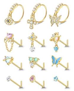 Kakonia Dangle Nasenpiercings L Form Nasenstecker für Damen Edelstahl Nasen Ringe CZ Herz Schmetterling Nasenspiercing Schmuck Gold Tone von Kakonia