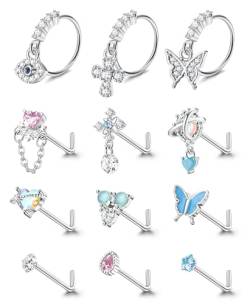 Kakonia Dangle Nasenpiercings L Form Nasenstecker für Damen Edelstahl Nasen Ringe CZ Herz Schmetterling Nasenspiercing Schmuck Silver Tone von Kakonia