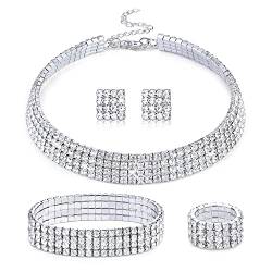 Kakonia Kristall Strass Schmuck Sets Strass Halsband Halskette Ohrringe Strass Stretch Armband Ring Hochzeit Schmuck 4 Reihen von Kakonia