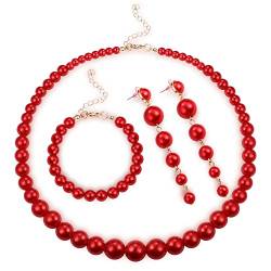 Kakonia Nachgemachte Perlenkette Lange Perlenohrringe Armband Sets Für Frauen Braut Hochzeit Schmuck Rot,Rot von Kakonia