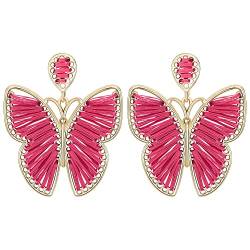 Kakonia Riffia Schmetterlings-Tropfen-Ohrringe für Frauen Mädchen, handgefertigt, bunte Rattan-Ohrringe, böhmische Statement-Ohrringe, rot von Kakonia