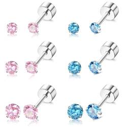 Kakonia Titan Ohrringe für Empfindliche Ohren G23 Reintitan Ohrstecker für Frauen Hypoallergen Knorpel Ohrringe 20G 2/3/4mm Blau Rosa Cubic Zirkonia Flache Rückseite Ohrringe von Kakonia