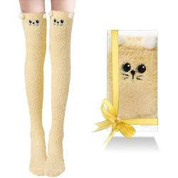 Kakveiai 1 Paar Damen Lange Socken, Überknie Kniestrümpfe, KuschelSocken, Overknee Strümpfe, mit Transparente Geschenkboxen, für Damen und Mädchen Geschenksocken, Einheitsgröße（Gelb） von Kakveiai