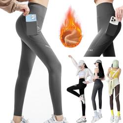 Kakveiai Thermo Leggings Damen Winter, Mit Taschen Gefütterte Thermoleggins aus Baumwolle, Winter High Waist Fleece Warme Leggins, Blickdicht Schwarz Sport Thermounterwäsche Laufhose von Kakveiai