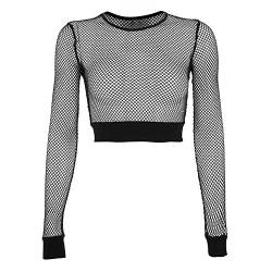 Kalaokei Damen Strand Sexy Hollow Out Fischnetz Langarm Rundhals Slim Fit Crop Top, Schwarz , M von Kalaokei