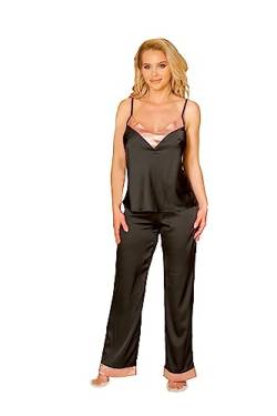 KALIMO Pyjama Sula | Romantischer Dreiteiliger Damen Schlafanzug | Nachtwäsche | Farbe: Schwarz | Größe: S | Material: Satin von Kalimo