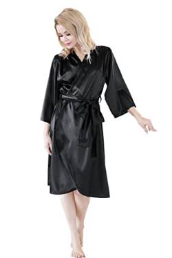 Kalimo Damen Bohol Morgenmantel mit 3/4 Ärmeln | Farbe: Schwarz | Größe: XL | Material: Polyester, Elasthan | Satin | Breitem Riemen | Bademantel, Hauskleid, Bathrobe, Hausmantel, Morgenrock Nachthemd von Kalimo